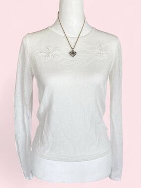 Vintage Cabo Beaded Floral White Knit Top Sheer Fitted Y2K 90s Small